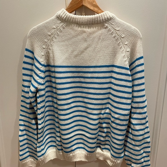 New Zara Cotton Fisherman Sweater with Turquoise Stripes - Picture 1 of 5